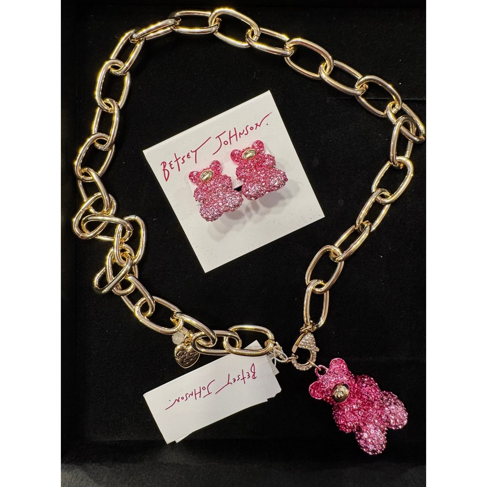 NWT Betsey Johnson Pink Crystal Gummy Bear Necklace and Earrings Set Gold Tone